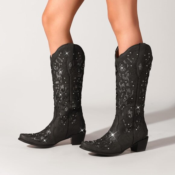 Women Sparkly Rhinestone Wedding Boots Trendy Vintage Tall Glitter Boot - Picture 3 of 5